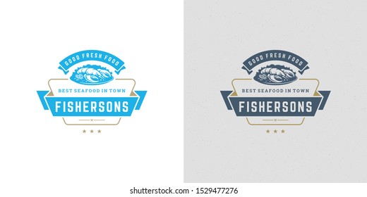 Seafood logo or sign vector illustration fish market and restaurant emblem template design lobster dish silhouette. Vintage typography badge or label design good for menu decoration.