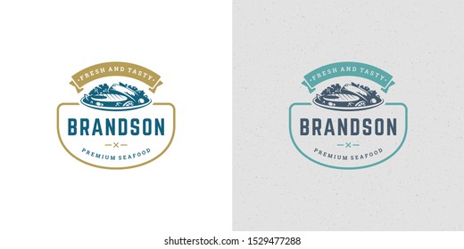 Seafood logo or sign vector illustration fish market and restaurant emblem template design grilled fish steak silhouette. Vintage typography badge or label design good for menu decoration.