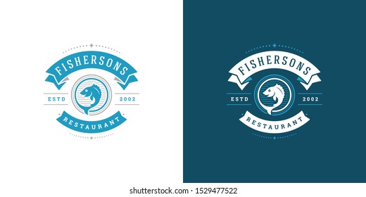 Seafood logo or sign vector illustration fish market and restaurant emblem template design fish with helm silhouette. Vintage typography badge or label design good for menu decoration.