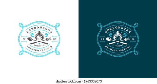 Seafood logo or sign vector illustration fish market and restaurant emblem template design lobster silhouette. Vintage typography badge or label design good for menu decoration.