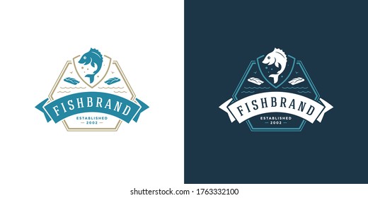 Seafood logo or sign vector illustration fish market and restaurant emblem template design fish silhouette. Vintage typography badge or label design good for menu decoration.