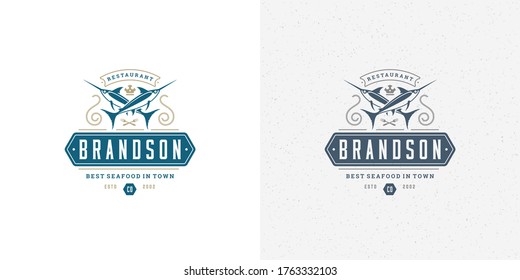 Seafood logo or sign vector illustration fish market and restaurant emblem template design swordfish silhouette. Vintage typography badge or label design good for menu decoration.