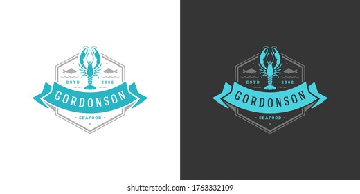 Seafood logo or sign vector illustration fish market and restaurant emblem template design lobster silhouette. Vintage typography badge or label design good for menu decoration.