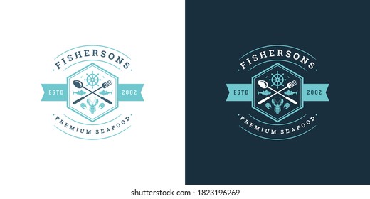 Seafood logo or sign vector illustration fish market and restaurant emblem template design lobster silhouette. Vintage typography badge or label design good for menu decoration.