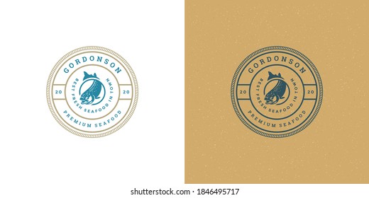 Seafood logo or sign vector illustration fish market and restaurant emblem template design salmon fish silhouette. Vintage typography badge or label design good for menu decoration.