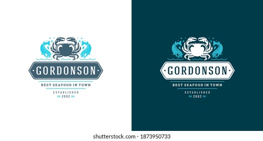 Seafood logo or sign vector illustration fish market and restaurant emblem template design crab silhouette. Vintage typography badge or label design good for menu decoration.