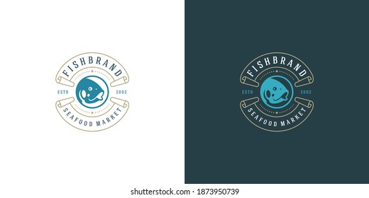 Seafood logo or sign vector illustration fish market and restaurant emblem template design fish silhouette. Vintage typography badge or label design good for menu decoration.
