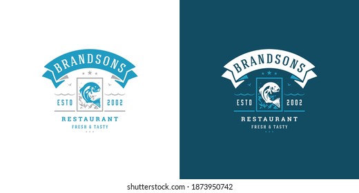 Seafood logo or sign vector illustration fish market and restaurant emblem template design fish silhouette. Vintage typography badge or label design good for menu decoration.