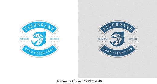 Seafood logo or sign vector illustration fish market and restaurant emblem template design tuna fish silhouette. Vintage typography badge or label design good for menu decoration.