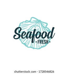 Seafood logo, tag, emblem. Hand drawn label for food packaging, menu, rastaurants. Engraving sketch vector illustration.