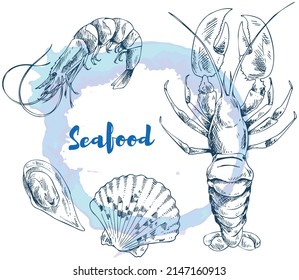Plantilla de logotipo de mariscos, emblema para café, restaurante o servicio de entrega de alimentos. Letras publicitarias de alimentos frescos en el océano en marco redondo. Diseño de la etiqueta de los restaurantes de marisco con diferentes estilos de vida marina