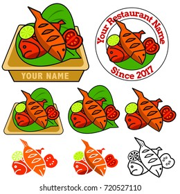 Seafood logo template with fish, lemon, tomato and leaf