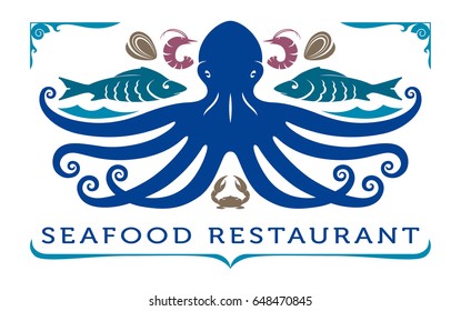 Seafood logo, template, label, with silhouette octopus, fish, Shrimp, crab or cancer, mussel for menus, recipes and cooking design. Vector isolated color icon with frame.