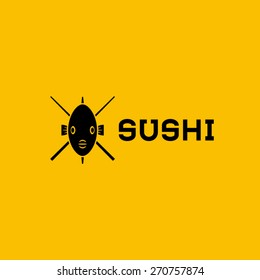 Seafood logo template on fish with a sticks below. Yellow color mode.