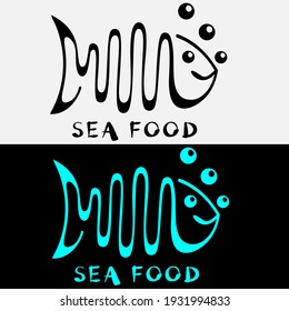 seafood logo with wavy line fish and bubbles