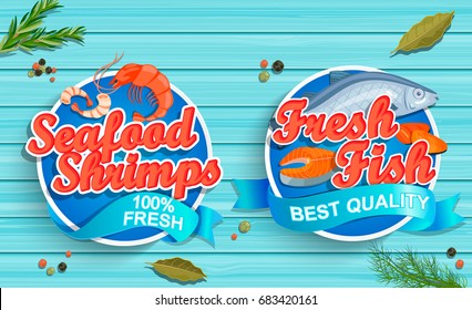 Seafood logos on blue wooden background. Seafood shrimps and fresh fish emblems and logos. Vector illustration.