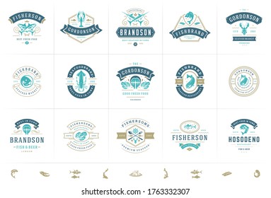 Seafood logos or signs set vector illustration fish market and restaurant emblems templates design, salmon and tuna silhouettes. Vintage typography badges design.