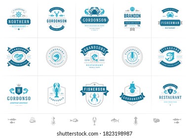 Seafood logos or signs set vector illustration fish market and restaurant emblems templates design, salmon and tuna silhouettes. Vintage typography badges design.