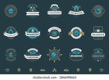 Seafood logos or signs set vector illustration fish market and restaurant emblems templates design, salmon and tuna silhouettes. Vintage typography badges design.