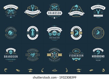 Seafood logos or signs set vector illustration fish market and restaurant emblems templates design, salmon and tuna silhouettes. Vintage typography badges design.