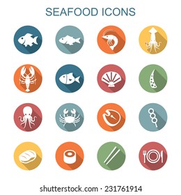 seafood long shadow icons, flat vector symbols