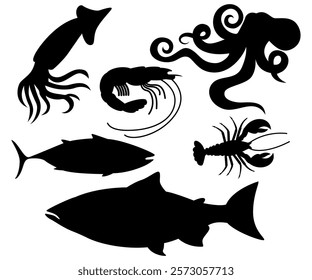 Seafood - marine fishes silhouette illustration