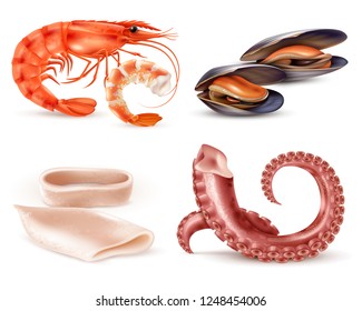 Seafood marine food cocktail realistic closeup elements with shrimp mussels squid parts octopus tentacles isolated vector illustration