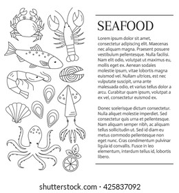 Seafood market  background. Vector flat line  illustrations of lobster, crab, salmon, fish, squid, oyster, shrimp, octopus, eel  isolated.