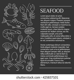 Seafood market  background. Vector flat line  illustrations of lobster, crab, salmon, fish, squid, oyster, shrimp, octopus, eel  isolated.
