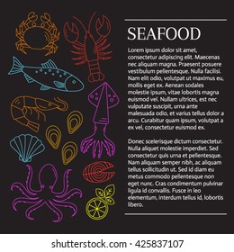 Seafood market  background. Vector flat line  illustrations of lobster, crab, salmon, fish, squid, oyster, shrimp, octopus, eel  isolated.