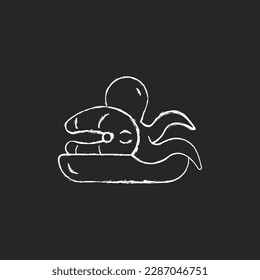 Seafood market chalk white icon on dark background. Taiwan street dishes. Fresh fish. Sea food restaurant dishes. Asian traditional cuisine. Isolated vector chalkboard illustration on black 
