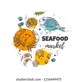 Seafood market concept design. Daily fresh. Hand drawn vector illustration. Can be used for menu, marine cafe, shop, bbq, fish house, restaurant, bar, poster, label, sticker, logo.