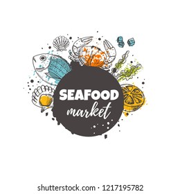 Seafood market concept design. Fresh fish. Daily fresh. Hand drawn vector illustration. Can be used for marine cafe, menu, shop, barbeque, bar, restaurant, poster, label, sticker, logo.