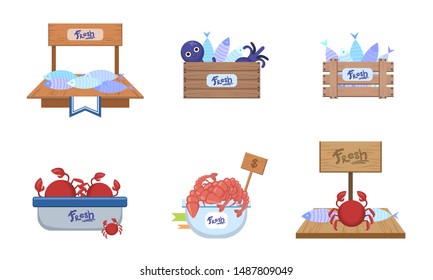 Seafood Market Design Elements Set, Freshness Fish and Sea Products on Counters Vector Illustration