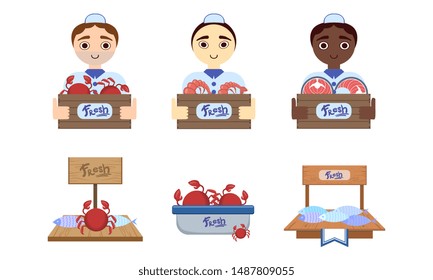 Seafood Market Design Elements Set, Sellers Holding Wooden Crates with Freshness Fish Vector Illustration