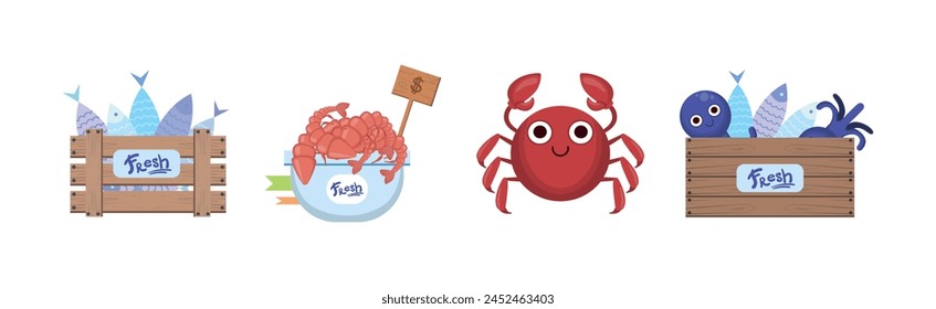 Seafood Market Design Flat Element with Fresh Marine Product Vector Set