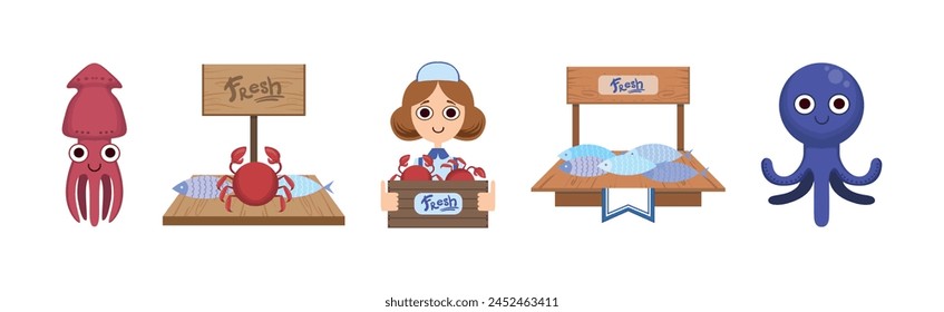 Seafood Market Design Flat Element with Fresh Marine Product and Seller Vector Set