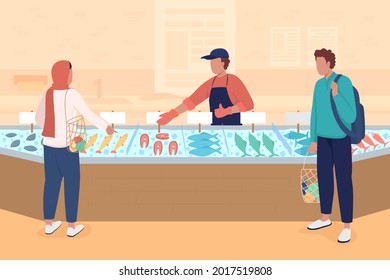 Seafood market flat color vector illustration. Buying fish and fish products. Selling fresh and frozen seafood. Fishmonger and consumers 2D cartoon characters with market stall on background