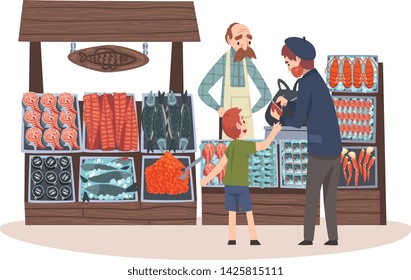 Seafood Market with Fresh Fish on Counter, Street Shop with Male Seller and Customers Vector Illustration