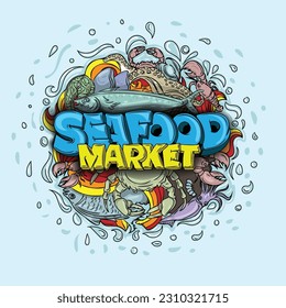 Seafood market letters in center with doodles hand drawn vector images around.