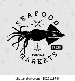 Seafood market logo with Squid. Vintage badge design. Vector illustration. 