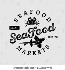 Seafood market logo. Vintage badge design. Vector illustration. 