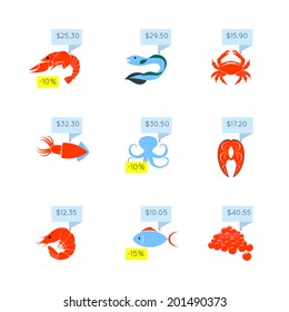 Seafood market online store discount fish lobster caviar price tags icons set flat abstract isolated vector illustration