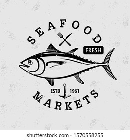 Seafood market poster, banner template with Tuna fish. Vector illustration