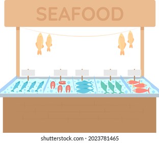 Seafood market stall semi flat color vector object. Full sized element on white. Marine products kiosk. Fish marketplace isolated modern cartoon style illustration for graphic design and animation