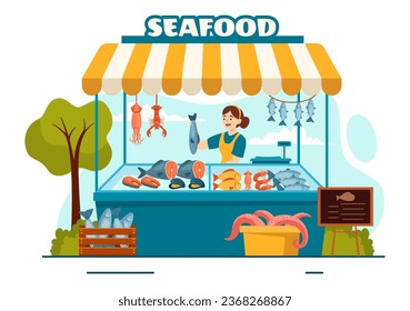 Seafood Market Stall Vector Illustration with Fresh Fish Products such as Octopus, Clams, Shrimp and Lobster in Flat Cartoon Background Design