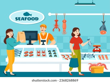 Seafood Market Stall Vector Illustration with Fresh Fish Products such as Octopus, Clams, Shrimp and Lobster in Flat Cartoon Background Design