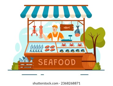 Seafood Market Stall Vector Illustration with Fresh Fish Products such as Octopus, Clams, Shrimp and Lobster in Flat Cartoon Background Design