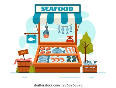 Seafood Market Stall Vector Illustration with Fresh Fish Products such as Octopus, Clams, Shrimp and Lobster in Flat Cartoon Background Design