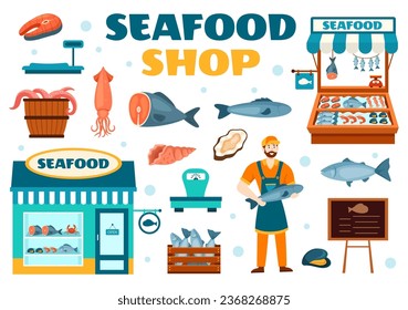 Seafood Market Stall Vector Illustration with Fresh Fish Products such as Octopus, Clams, Shrimp and Lobster in Flat Cartoon Background Design